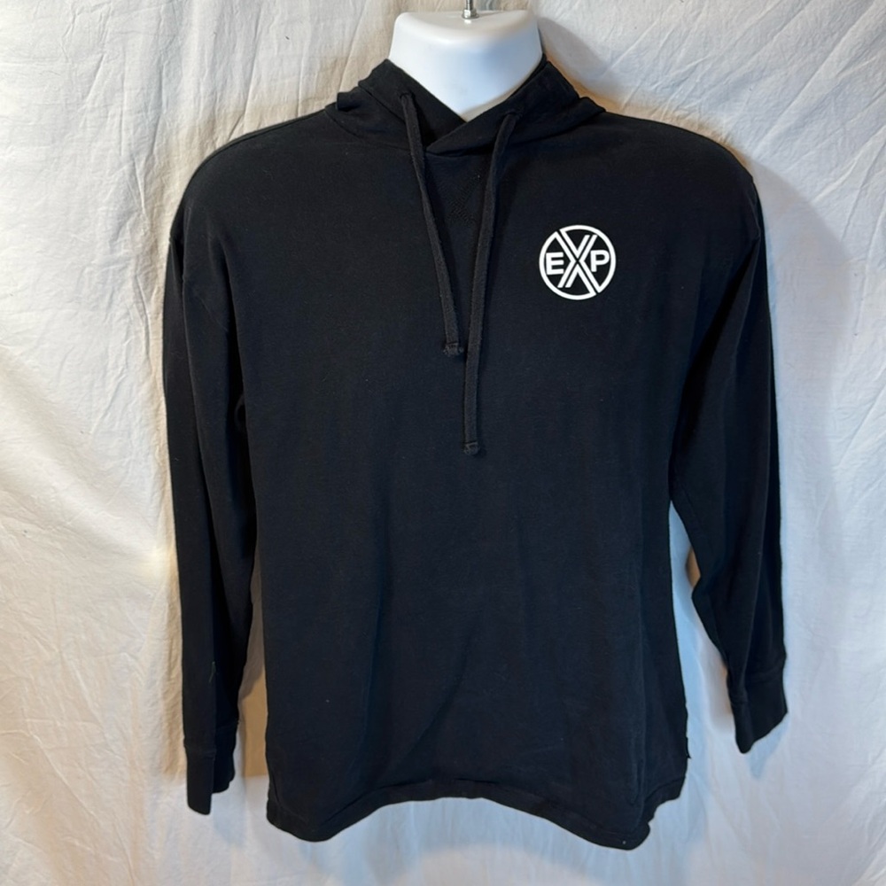Gently used men’s Express black graphic long-sleeve hooded t-shirt sz small